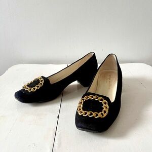 Bettye Muller Black Suede Gold Chain Block Heels EU 39/US 8.5